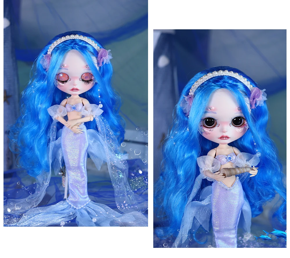 پری دریایی – ممتاز Custom Neo Blythe عروسک با موهای آبی، پوست سفید و صورت ناز مات 13