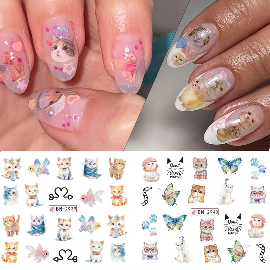 12pcs Cute Cat Nail Water Sticker Kawaii Anime Watercolor Design Foil for Nail Decals Cartoon Watermark Transfer Manicure Slider 5