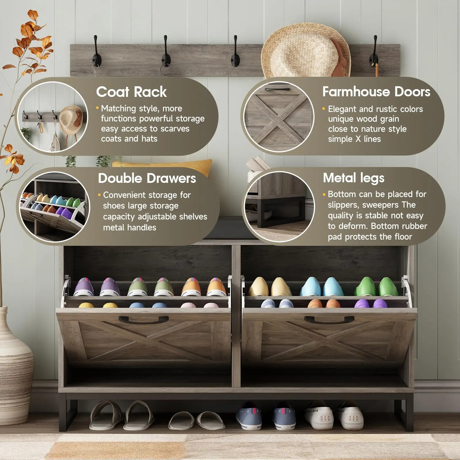 Vabches Shoe Storage Bench with 2 Flip Drawers & Coat Rack Wooden Shoe Cabinet with Padded Seat Cushion for Entryway Furniture 5