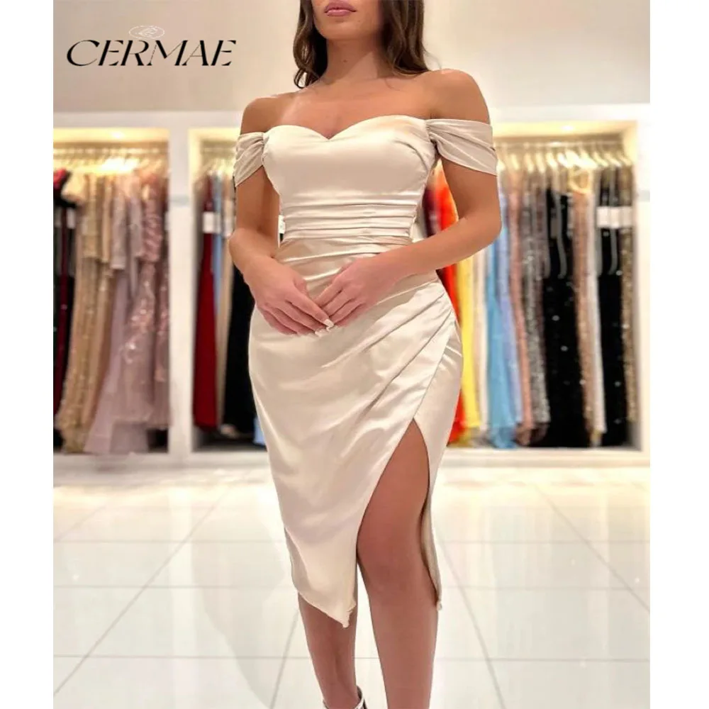 

CERMAE Satin White Bra Gown Slit Simple Elegant Formal Evening Prom bridesmaid Party Knee-Length Dress for Women 2023