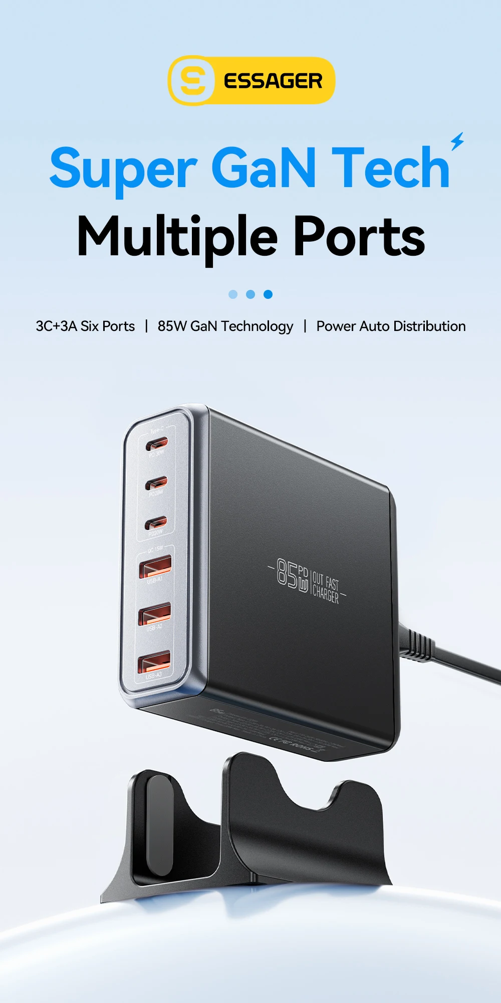 85W GaN Charger 6 Ports USB Type C Desktop Charger PD Fast Charging Station For