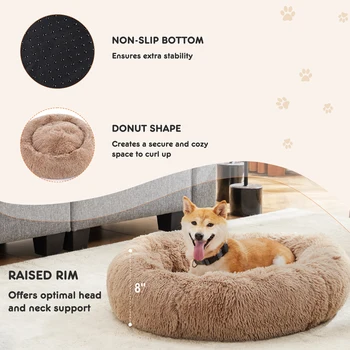 JHK Calming Dog Bed for Medium to Large Dogs Washable Large Pet Bed Anti-Slip Round Fluffy Plush Faux Fur Dog Bed 4