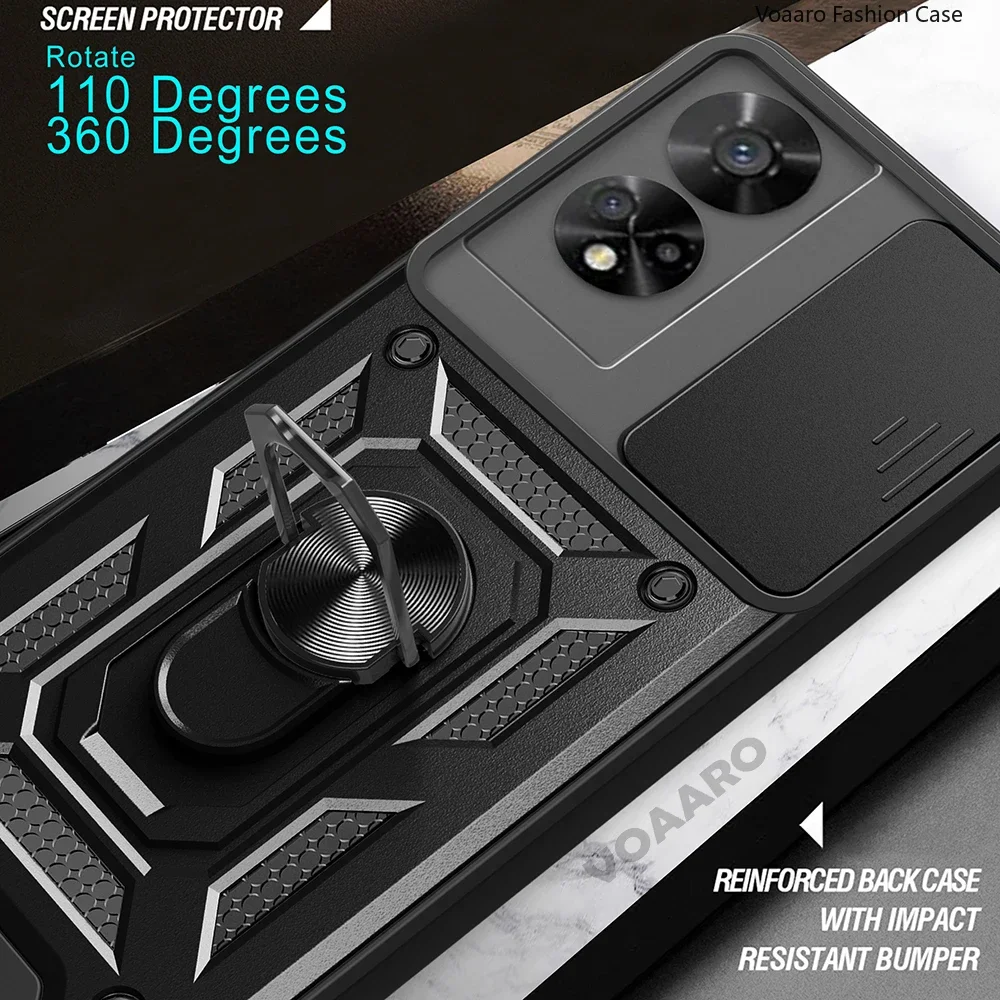 Protective Armor Case Cover with Slide Lens Camera Protection and Magnetic Ring Stand Holder