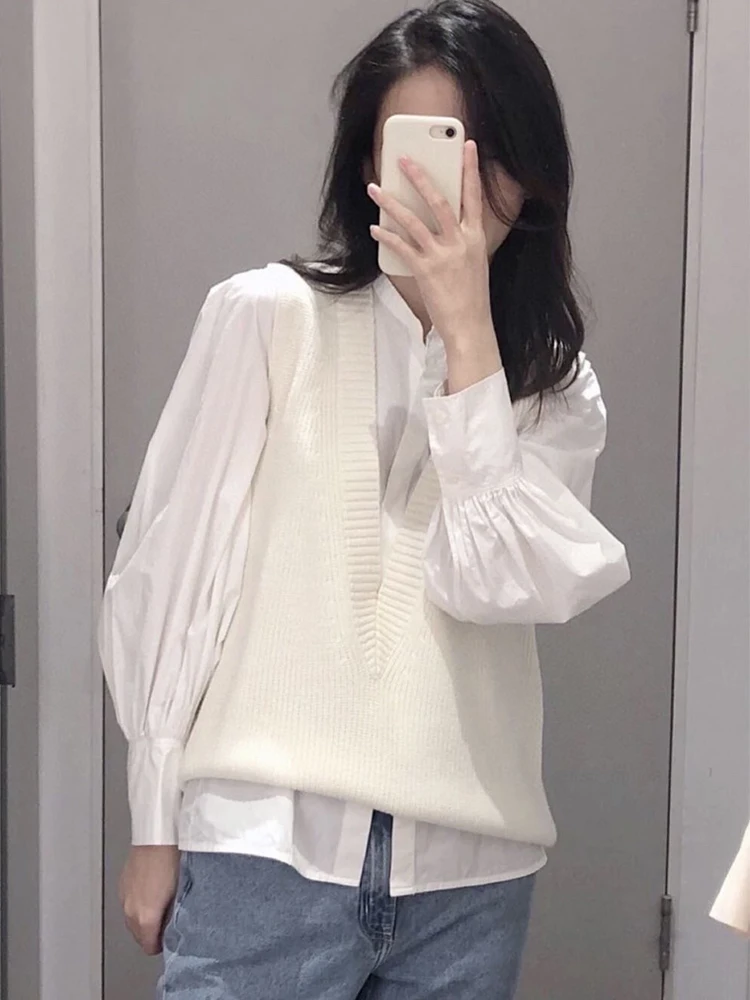 كوريا محبوك سترات المرأة الأعلى الخامس الرقبة الصلبة تانك Blusas Mujer دي مودا الصيف موضة جديدة الإناث أكمام بلايز عادية 6