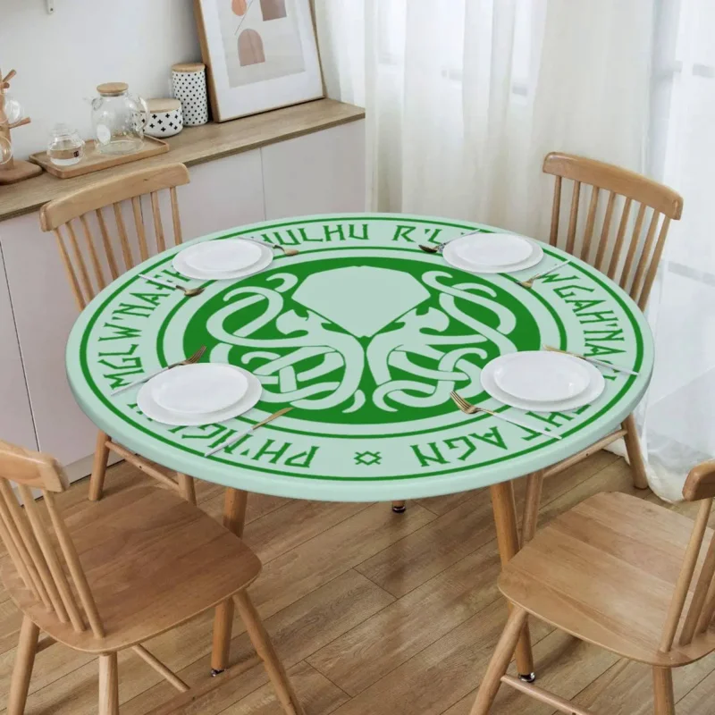 

Round Waterproof Oil-Proof Necronomicon Tablecloth Backing Elastic Edge Table Covers Fit Lovecraft Mythos Cthulhu Table Cloth
