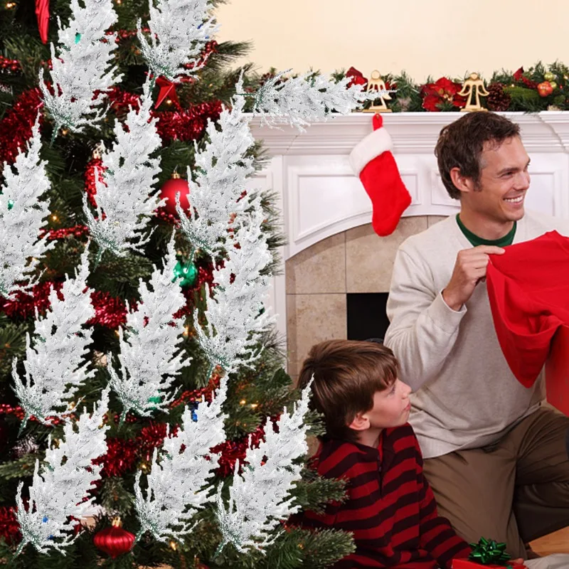 Branches de pin artificielles en flocons de neige, fausses plantes vertes de Noël, feuilles de pin, guirlande DIY, décorations d'arbre de Noël, décoration de fête du Nouvel An_voghion.com