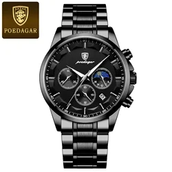 Luxury Men's Waterproof Chronograph Quartz Watch with Luminous Date and Leather Strap (Black Black S)