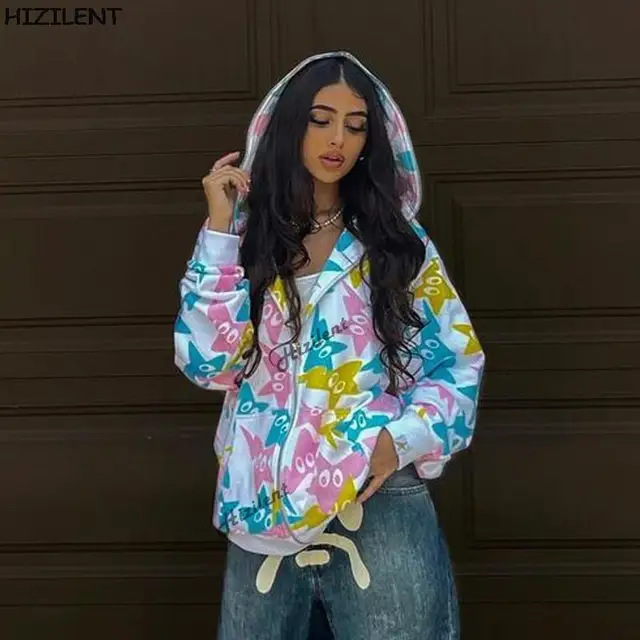 Y2K clothing Kawaii doodle Zip Up Oversized Sweatshirts 2021 