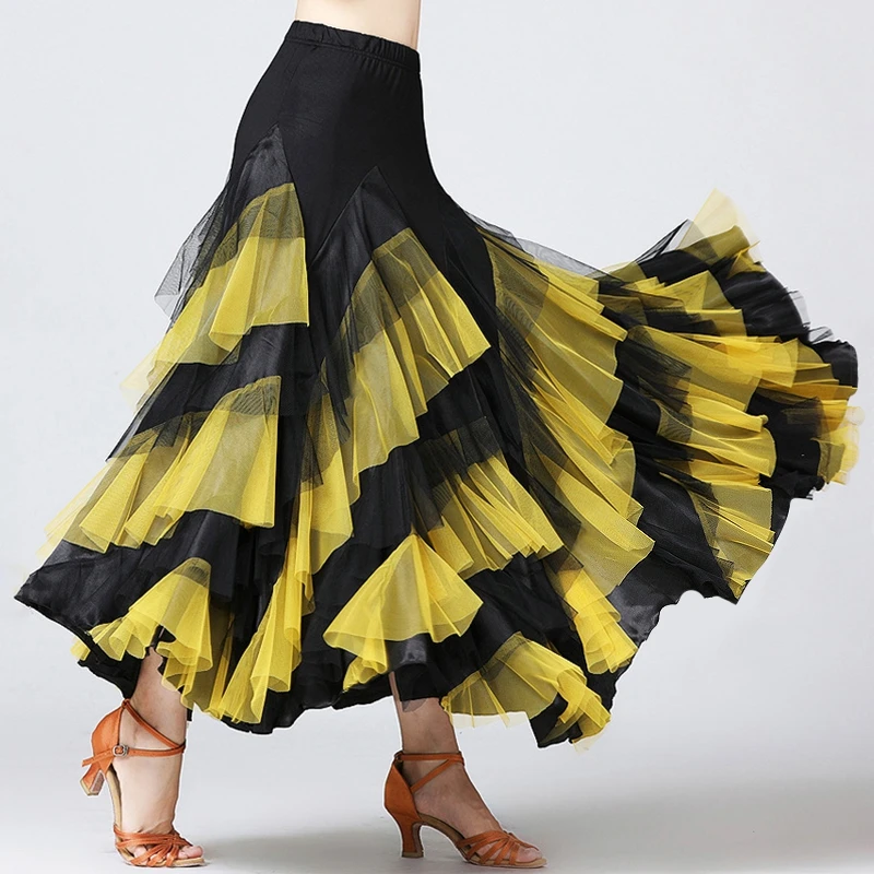 New Women's Modern Ballroom Dance Big Swing Skirt Elegant Satin Multi-Layer Color Matching Waltz Tango Latin Dancedress
