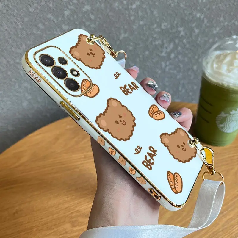 

Cartoon Bear Lanyard Plating Phone Case For Samsung Galaxy A53 A50 A50S A30S A51 A52 A52S A54 A70 A71 A72 A73 A91 A21 Cover