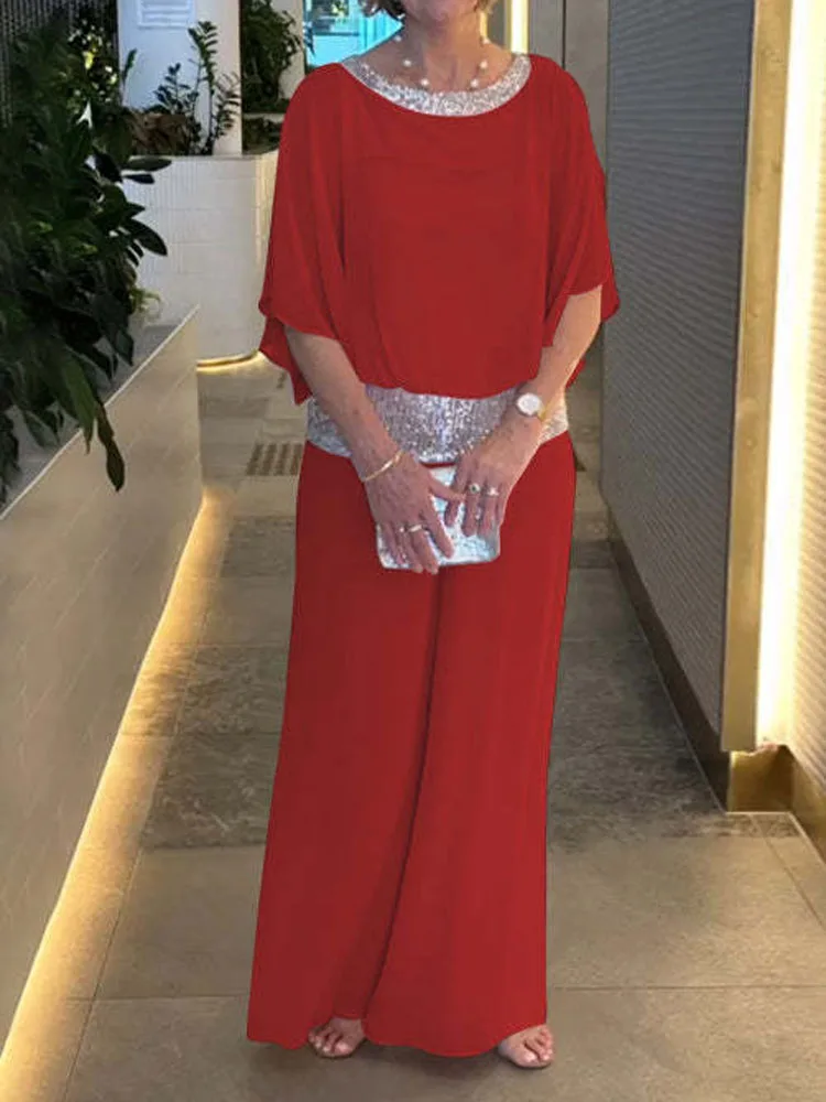 Pink Sequined Loose Blouse and Wide Leg Trousers Set for Women