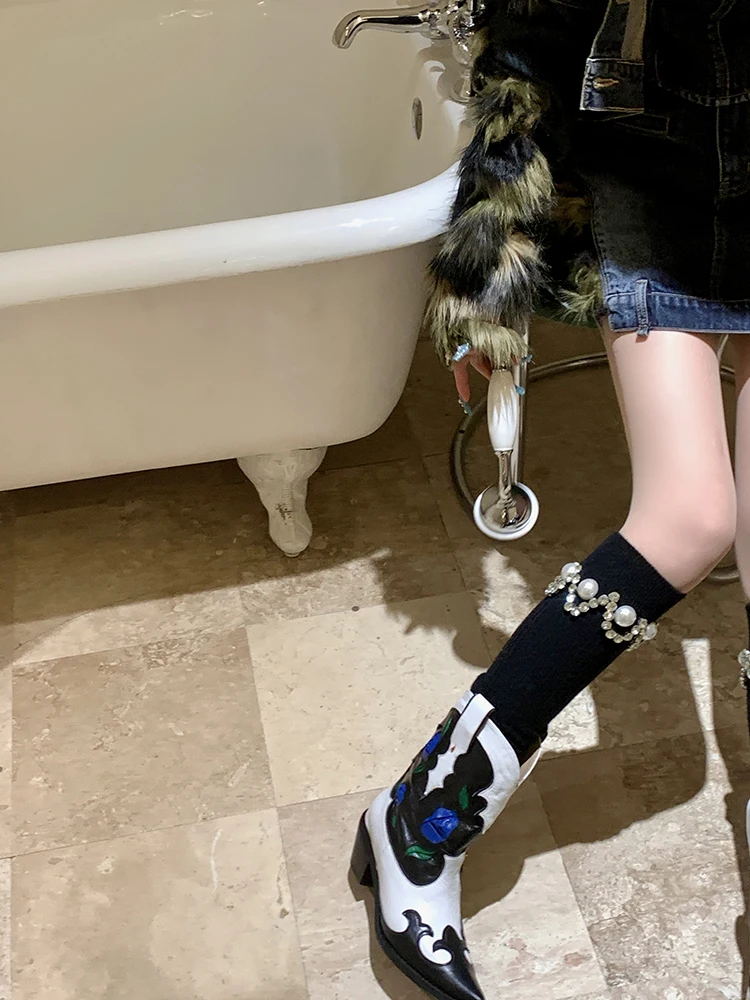 White Calf Socks Dongdaemun Stacked Socks Rhinestone Pearl Stockings Gray Bunching Tube Socks Girl Series Thigh High Stockings