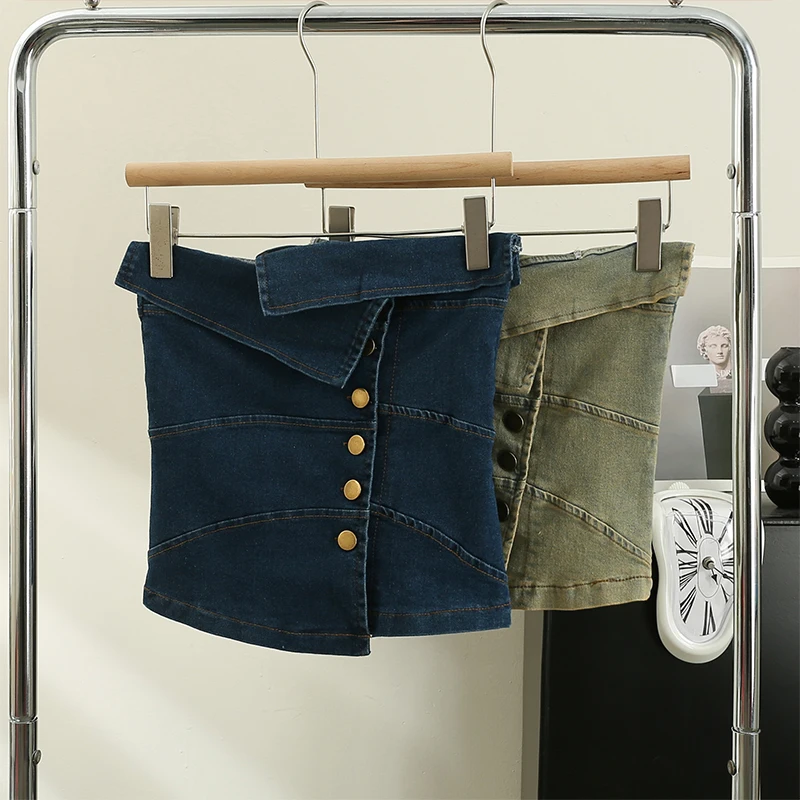 

Women Chic Single Breasted Denim Camis Slim Basic Sexy Korean Fashion Sleeveless Strapless Summer Women Top