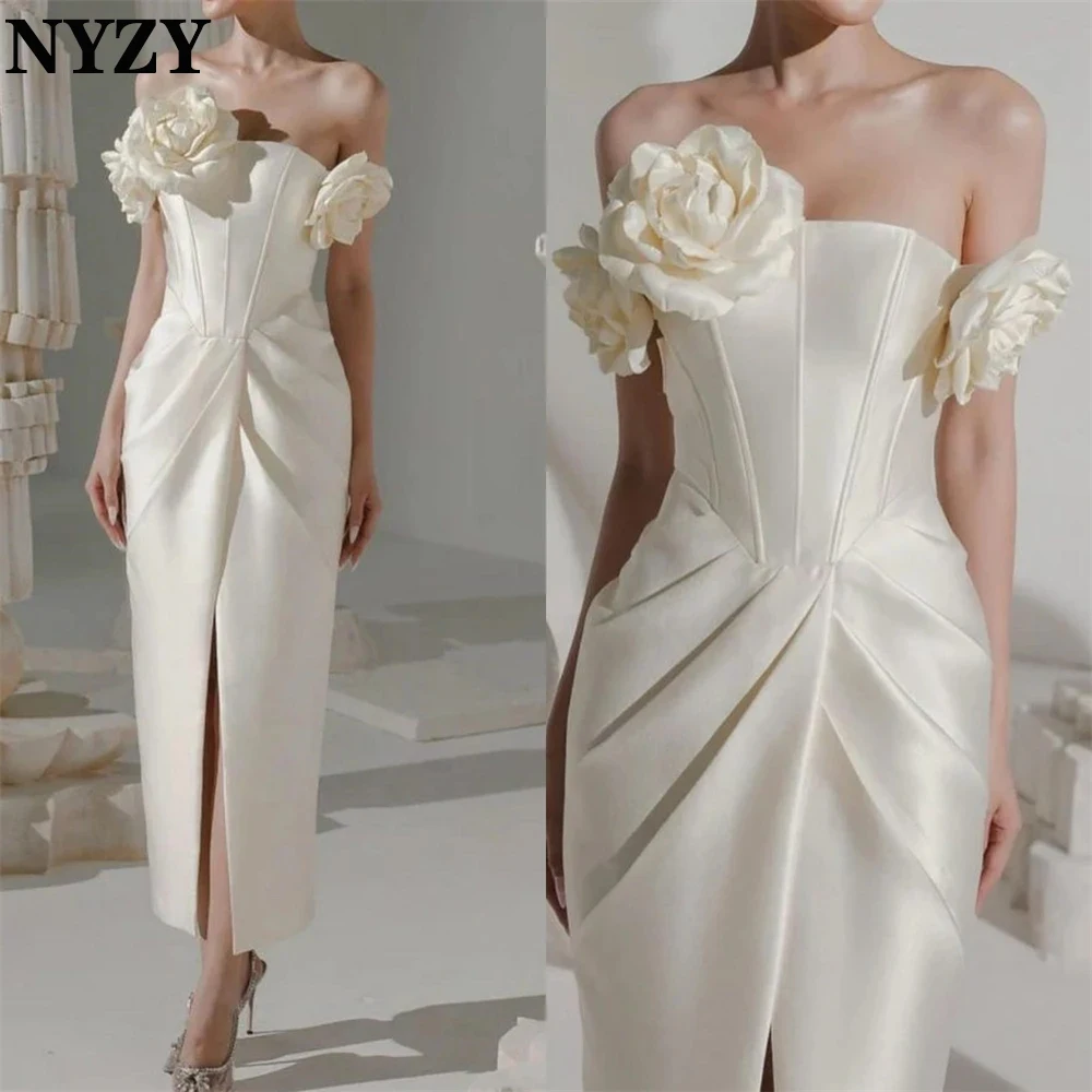 NYZY P166 Short Party Birthday Evening Gowns Satin 3D Flowers Ankle-length Black Cocktail Dresses Made