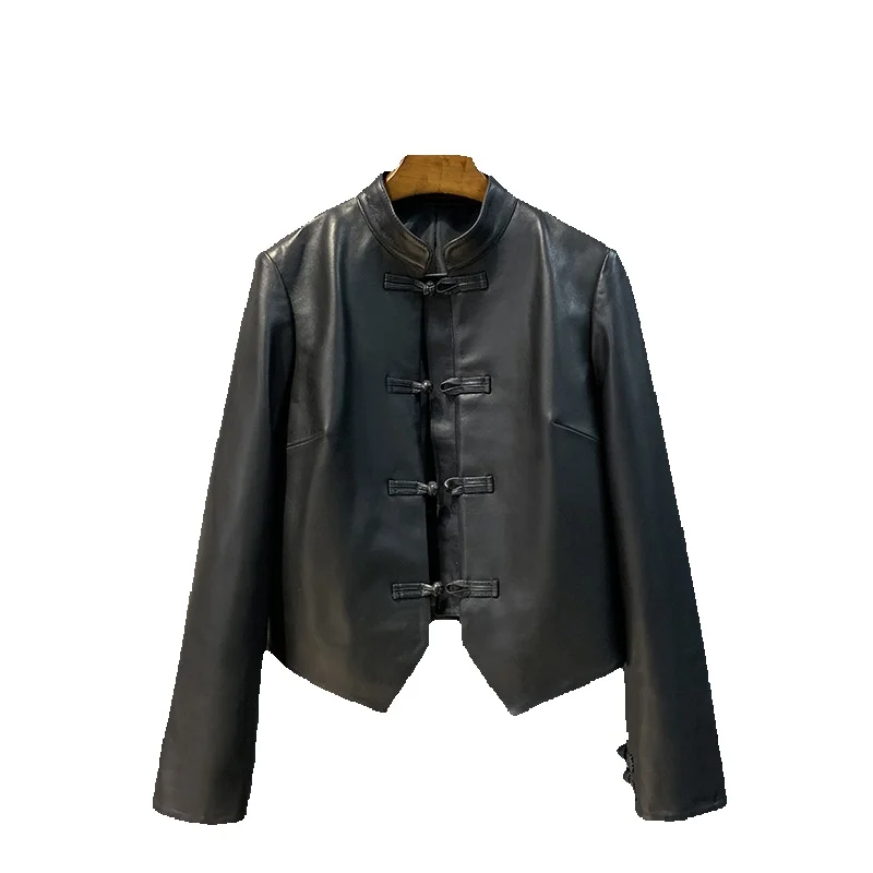 

Chinese Style Buckle Genuine Leather Jacket Short Style Fashionable And Western-Style Tang Dynasty Standing Collar Sheep Leather