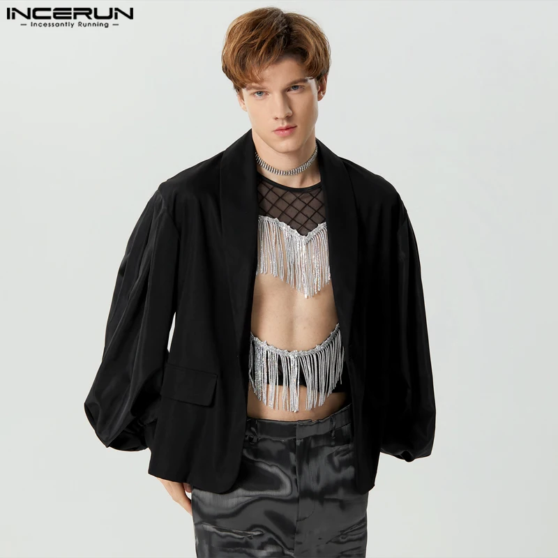 

Casual Stylish Style Tops INCERUN Handsome New Men Bubble Sleeve Splicing Design Suit Coats Sexy Solid Long Sleeved Blazer S-5XL