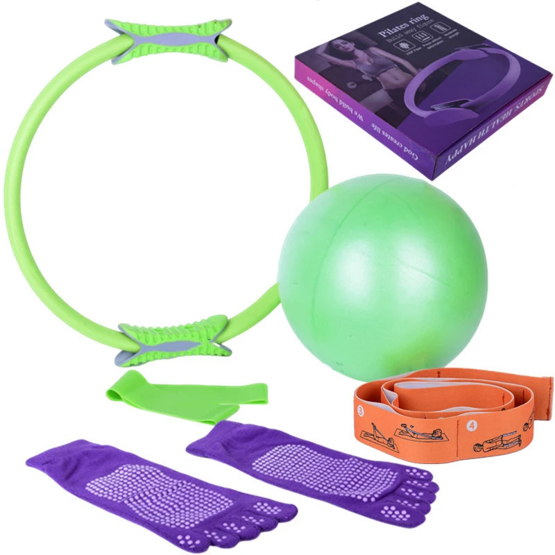 Yoga Circle 6-teiliges Set Pilates Circle Beinklemme mit rutschfesten Yoga-Langfinger-Socken, offener Rücken, Latex-Spannkreis – Detail 4