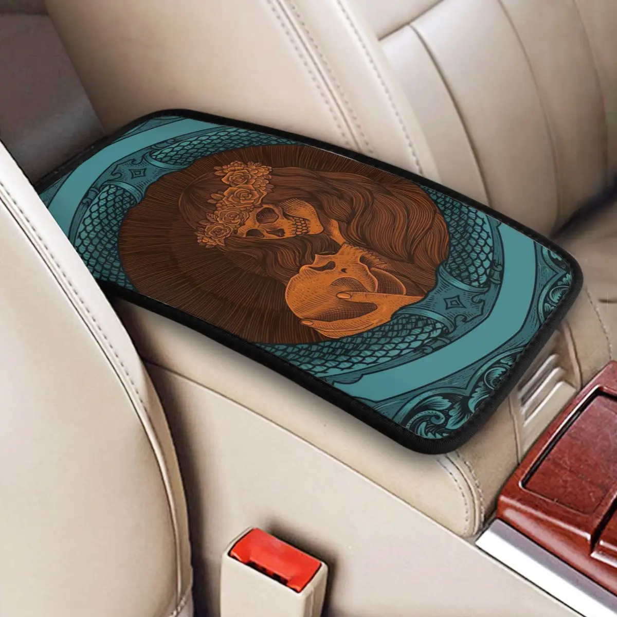 

Sugar Skull Woman With Engraving Style Car Accessories Car Handrail Box Cushion Custom Print Non-slip Car Armrest Cover