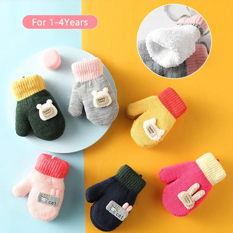 0-4Years Kids Winter Mittens Boys Girls Knitted Gloves Cute Candy Color Children Warm Full Finger Mittens Baby Gloves with Rope 2