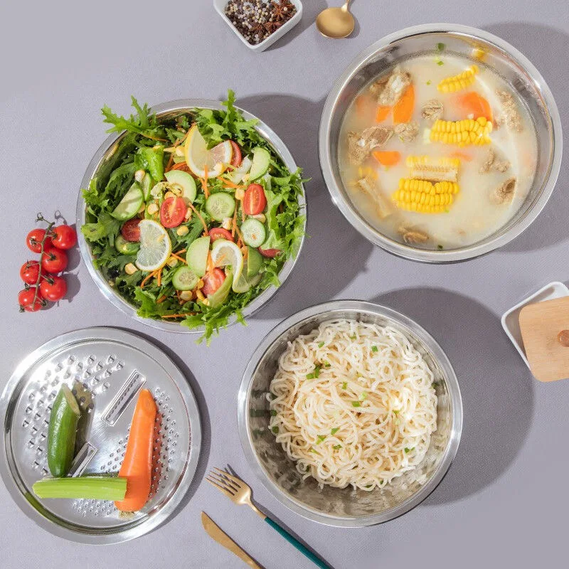 3-Piece Stainless Steel Multifunctional Strainer and Mixing Bowl for Washing and Slicing Fruits Vegetables Essential for Kitchen