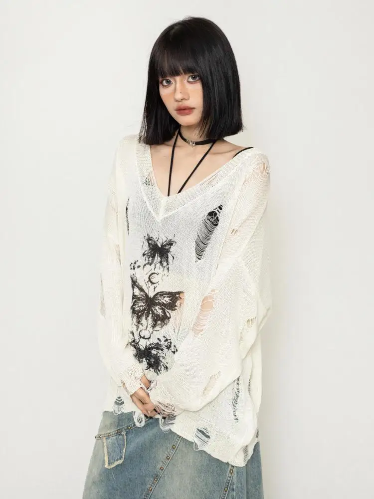 Yedinas Loose Hollow Out Knitted Tops Long Sleeve Autumn Print Women's Sweater Pullovers Lazy Style Knitwear Korean Trend 2024 5