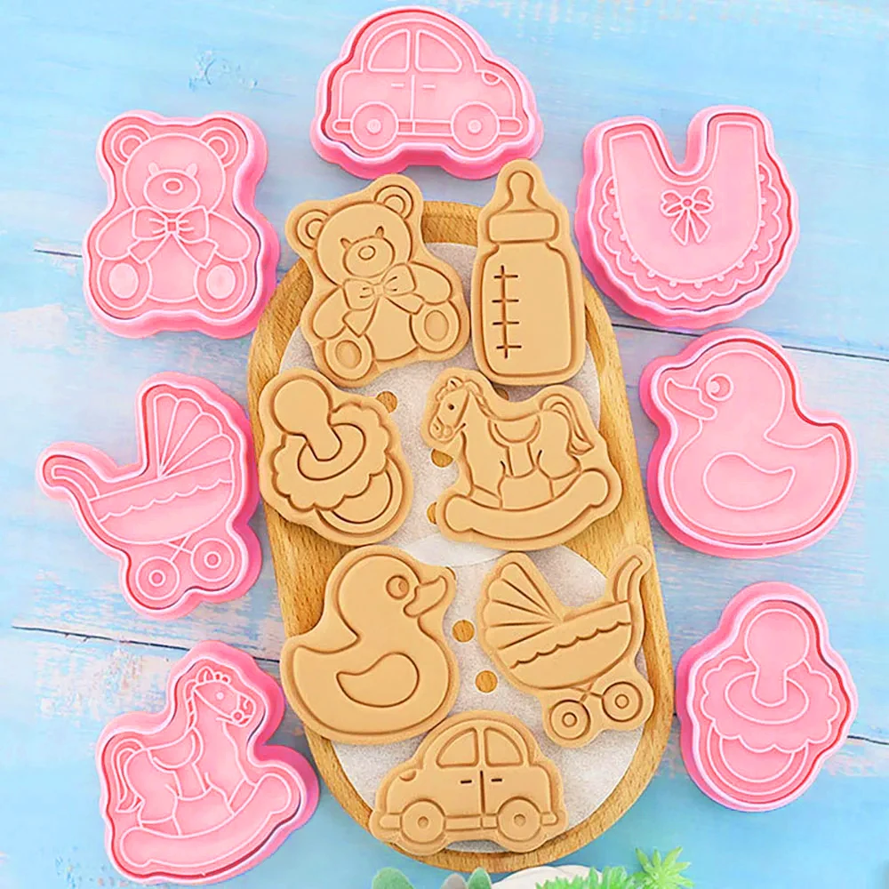 Cookie Cutters 8Pcs Baby Stroller Bottles Bear Theme Dough Plastic Pressable Biscuit Mold