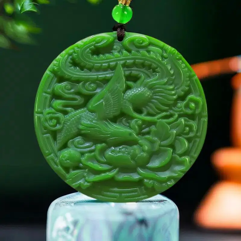 

Натуральный зеленый нефрит, бриллиантовый амулет, роскошный камень с драгоценным камнем, Очаровательные китайские резные ювелирные изделия, подарок из натуральной яшмы