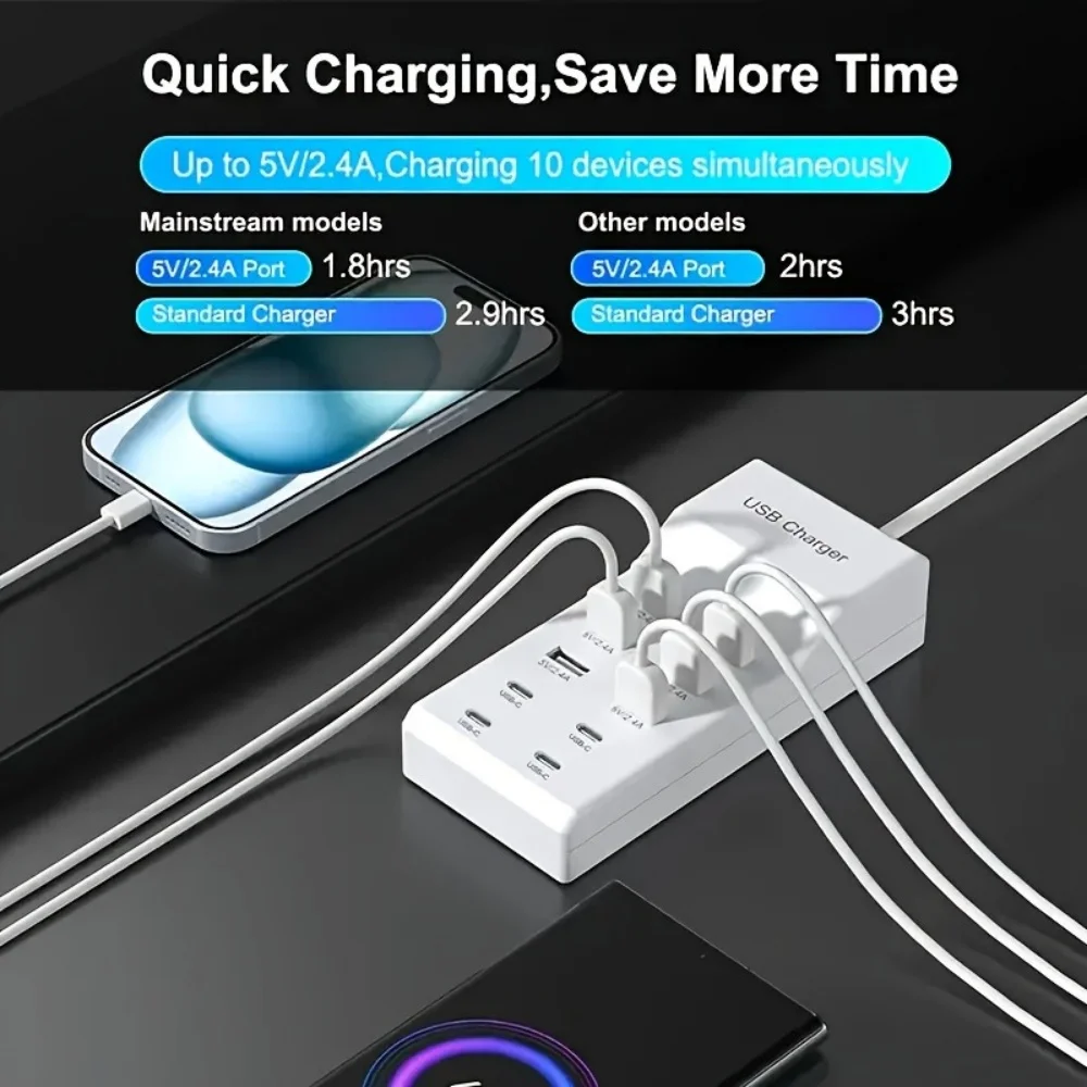 High Speed 10-Port 5V USB Hub AC Charger Strip Adapter Portable EU US UK Plug Wall Charger For Home Office Travel Multi Device