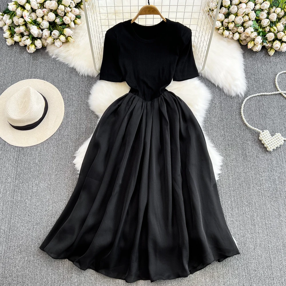 Summer Vintage French Women Chic Female Ladies Vestido Fashion A Line Elegant Casual Party O Neck Ruched Basics Solid Girl Dress