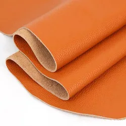 Honey Orange Lychee Pattern Genuine Cowhide Leather Fabric - 20x30cm (Orange)