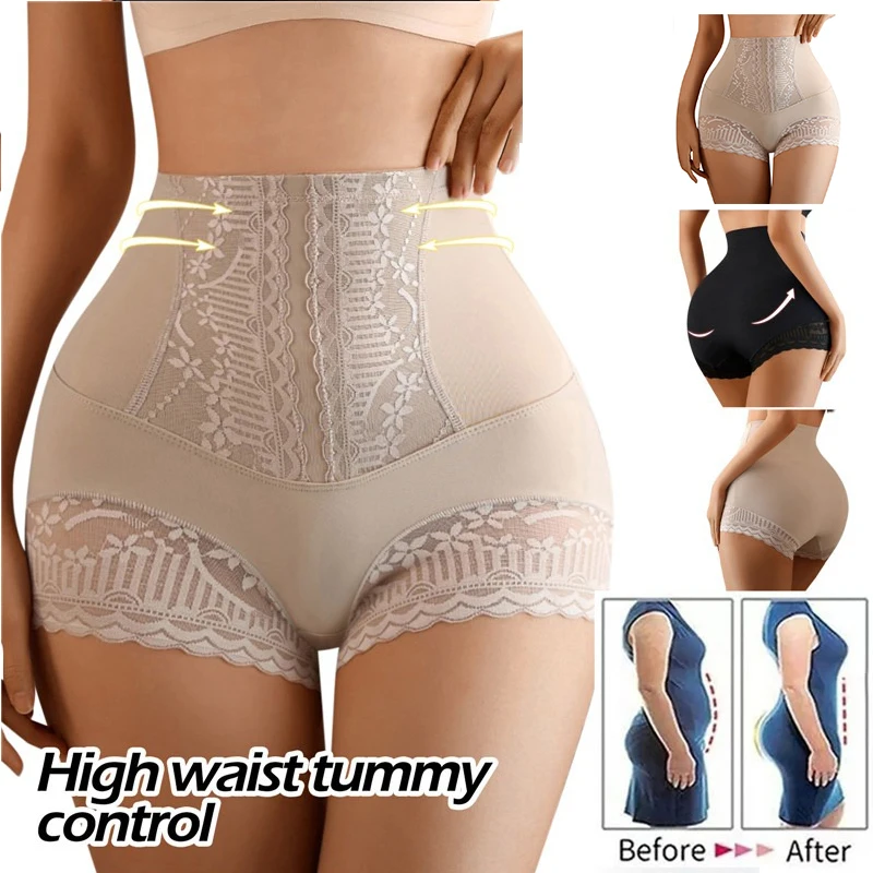 Women High Waist Tummy Control Panties Seamless Shapewear Briefs Lace Slimming Shorts Flat Belly Shaping Postpartum Underwear