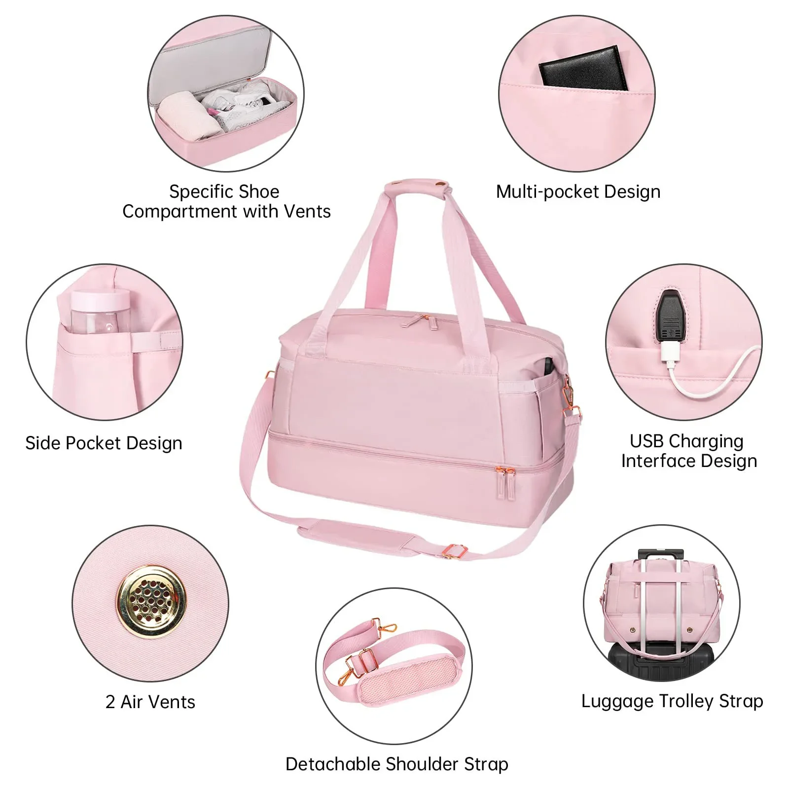 Gym Bag for Women Sports Travel Duffel Bag with USB Charging Port Weekender Overnight Bag with Wet Pocket and Shoes Compartment 4