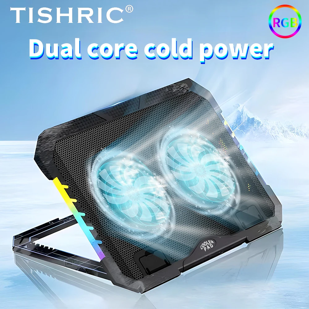 TISHRIC 노트북 스탠드 냉각, 2 팬 베이스 쿨러 노트북 지지대, 10RGB 호흡 LED, 풍속 조절 가능 노트북 브래킷 거치대