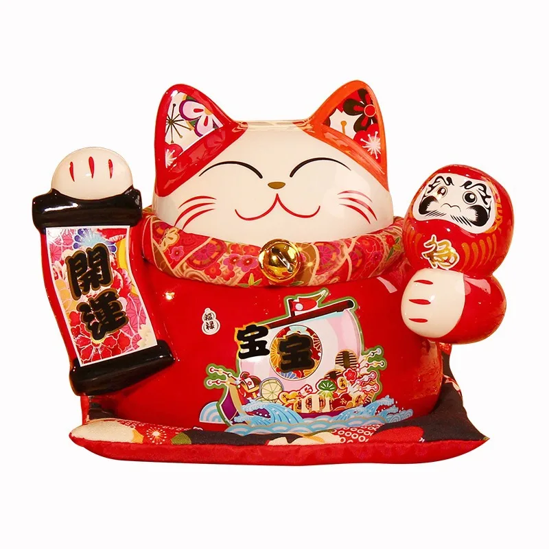 8 Inch Ceramic Maneki Neko Coin Bank Red Lucky Fortune Cat