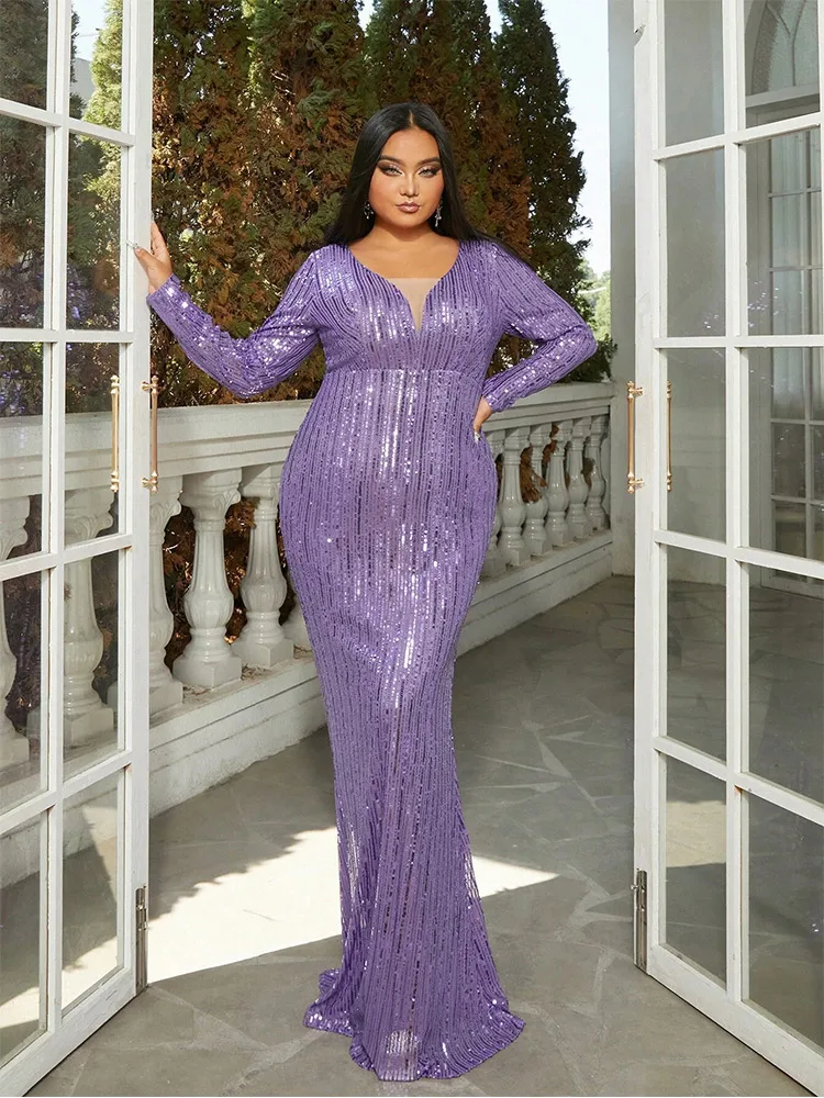 

Plus Size V-Neck Purple Sequin Micro-Elastic Floor-Length Luxury Evening Dress Festival Big Size 4xl 5xl Sequin Banquet Dress