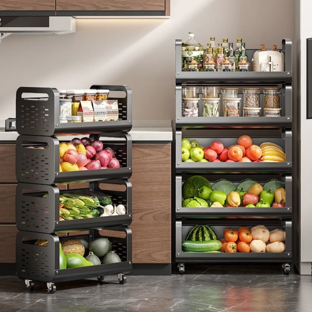 Kitchen Basket Storage Rack Multi-Storey Floor Standing Moveble Trolley Home Fruit Vegetables Moistureproof Practical Small Cart