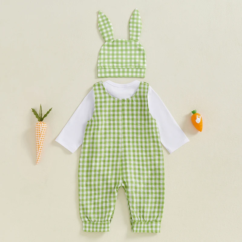 3pcs Sets 0-18M Infant Baby Boy Easter Outfit Spring Long Sleeve Romper Bunny Embroidery Plaid Overalls Rabbit Ears Hat Tregren