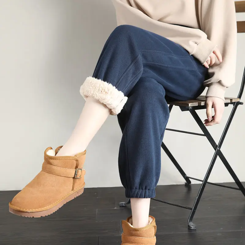 Autumn Winter Lamb Harem Pants Women Solid Colors High Waist Plus Velvet Sweatpants Korean Big Size Baggy Ankle-Length Pants
