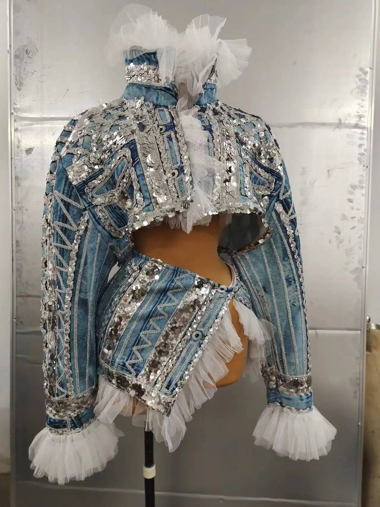 Women Sequin Denim Jacket Lace Trim Jeans Coat Mini Skirt Set Party Show  Costume | eBay