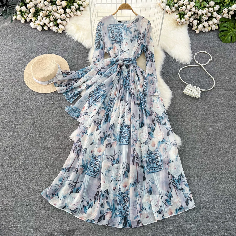 

VANOVICH Spring and Autumn New Korean Style Temperament Long-sleeved O-neck Waist Belt A-line Printed Dress Elegant Long Dress