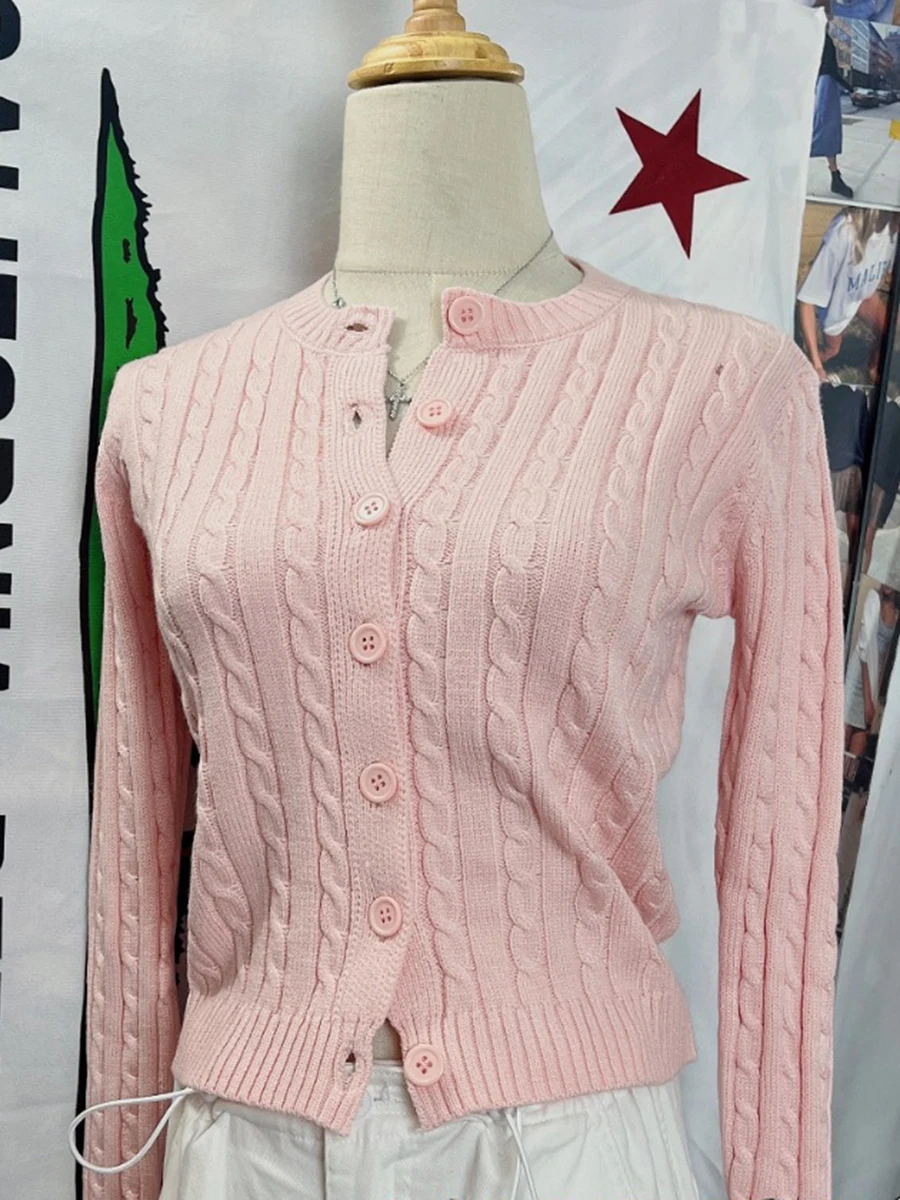 Pink Sweet Twisted Flower Slim Sweater Women Autumn Cotton Soft Single-Breasted Casual Jumper Outerwear Vintage Chic Cardigans