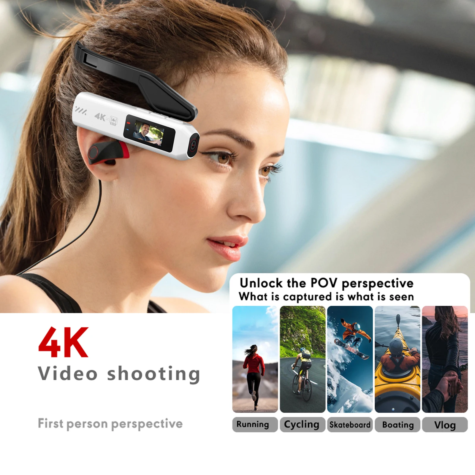 4K Ultra HD 웨어러블 비디오 카메라 1인칭 뷰 녹화 핸즈프리 Vlog 카메라 0.96인치 IPS 스크린 110도 광각