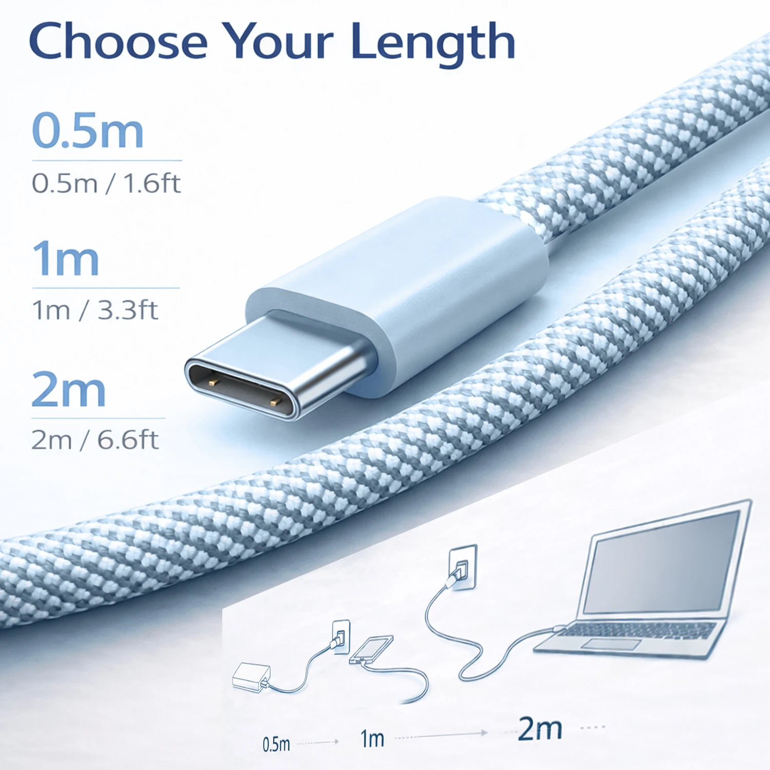 Ice Blue 60W Fast Charging USB-C Cable | Braided Nylon Type-C to Type-C Cord