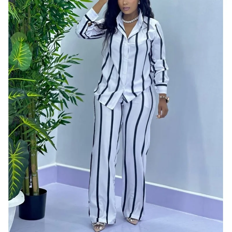 African Fashion Stripe Two Piece Set Women Summer Casual Button Long Sleeved Shirt Wide Leg Pants Two Piece Set Women