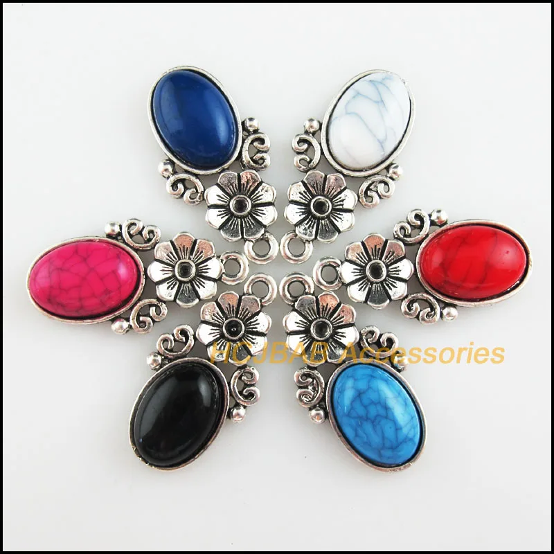 Fashion 12Pcs Tibetan Silver Tone Retro Flower Charms Oval Mixed Acrylic Pendants 15x29mm