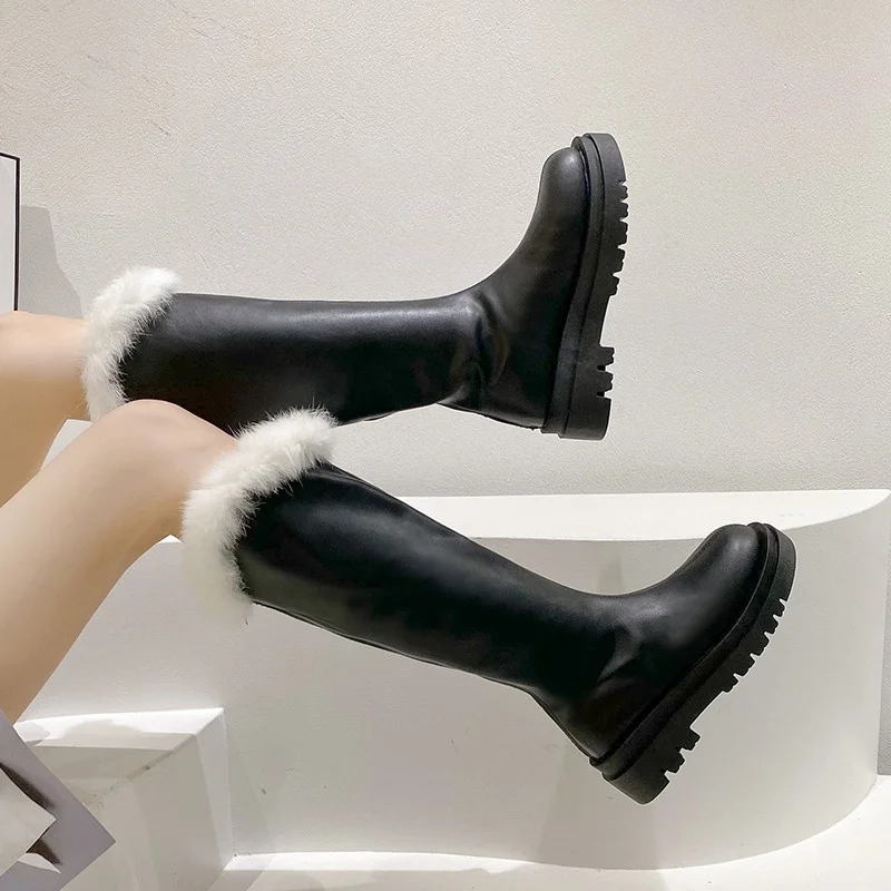 2023 New Winter Knee High Boots Women's Solid Color Platform PU Leather Shoes Ladies Zipper Plush Mouth Casual Boots