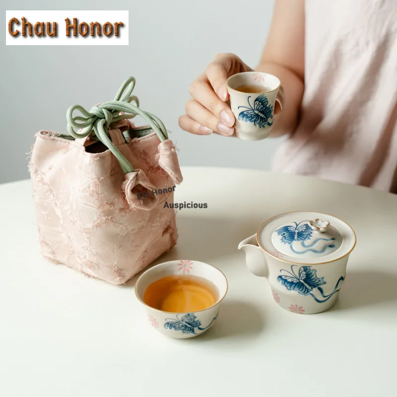 Pure Hand-painted Butterfly Daisy Travel Tea Set Kit Boutique 1 Pot 2 Cups Tea Maker Organizer Portable Picnic Tote Bag Supplies