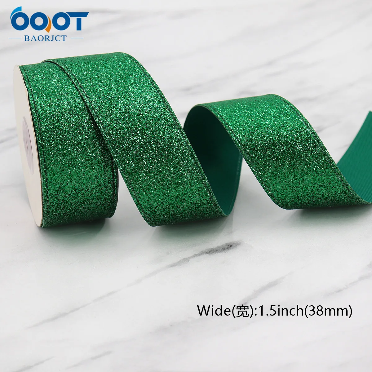 Designer Ribbon, 1.5 Inch Emerald Green Ribbon, 10 Yards, Glitter