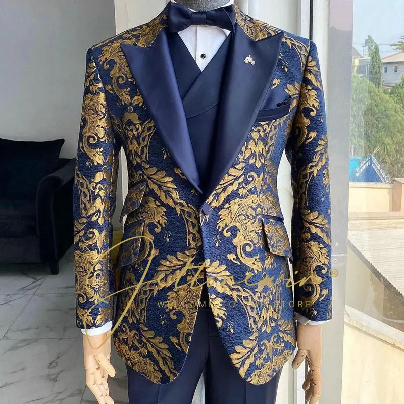 

2022 Fashion Design Blue Floral Mens Wedding Suit Single Breasted Slim Fit Prom Groom Tuxedo Bridegroom Best Man Blazer Pants