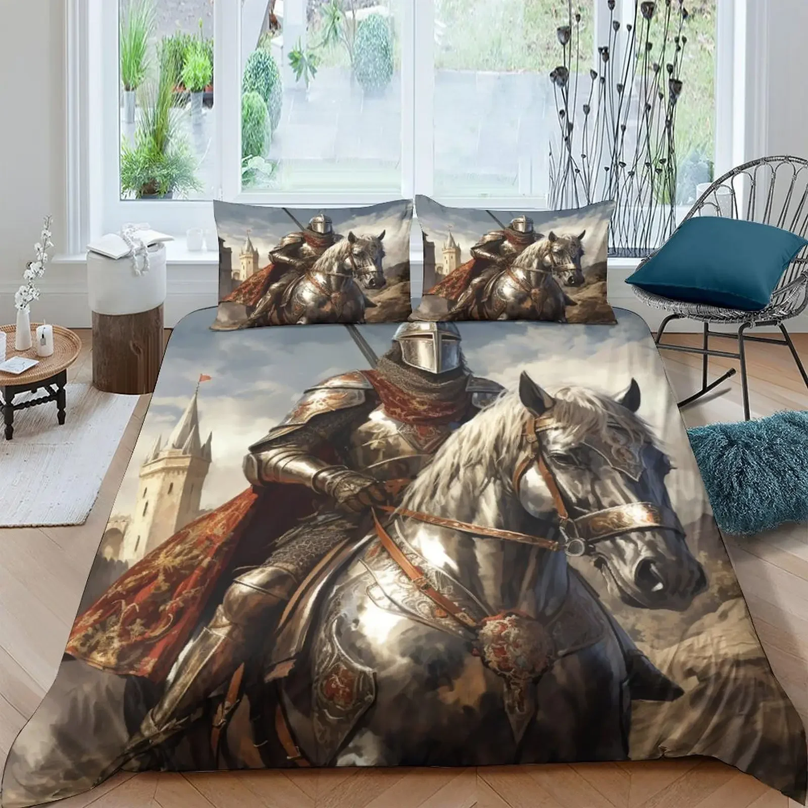 Medieval Duvet Cover Set, Medieval Knight Holding an Aged Old Shield Historical Theme Digital Print bedding set